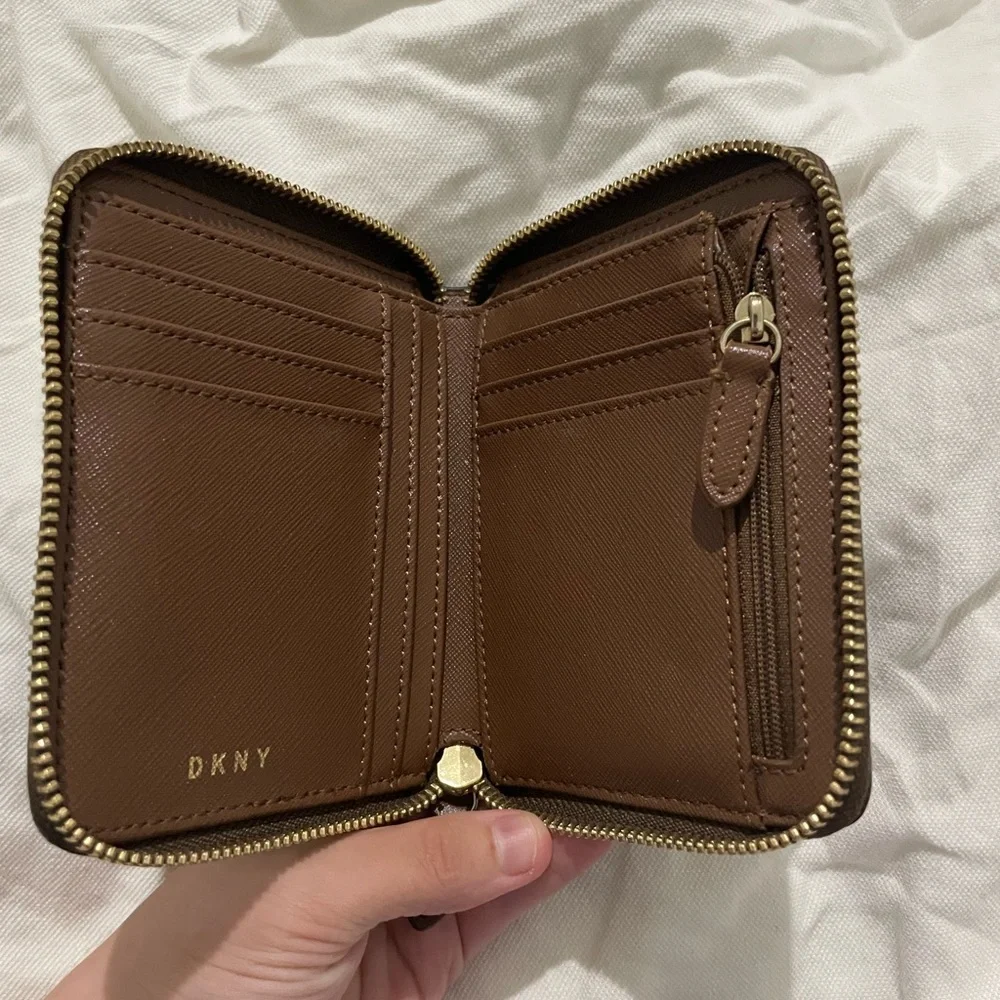 DKNY Small Bryant Brown Monogram Zip-Around Leather Wallet - Picture 6 of 8